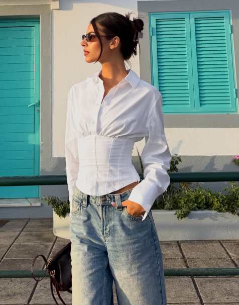 Bershka camicia a maniche lunghe effetto corsetto bianca - view 1