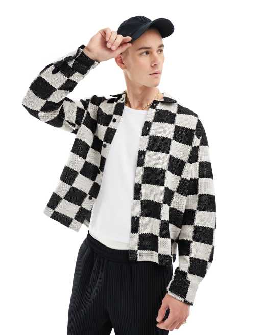 Bershka - Camicia a maniche lunghe nera a scacchi testurizzata