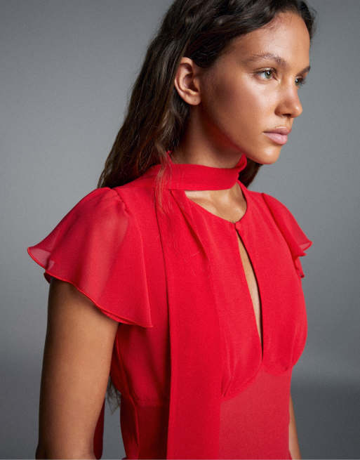 Bershka camicia aderente a maniche corte con volant rossa, 4 di 5