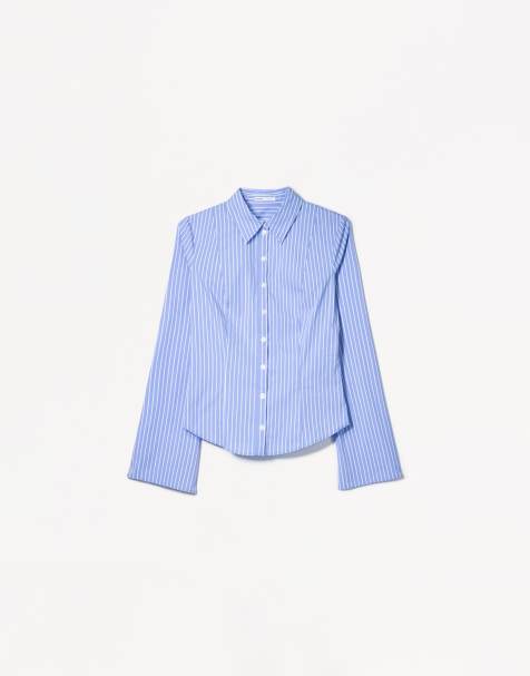 Bershka - Camicia aderente con maniche scampanate blu denim - view 1