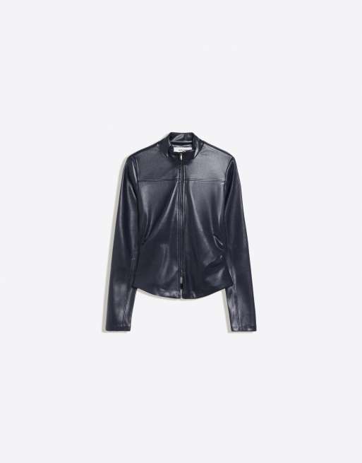 Bershka camicia aderente effetto pelle con zip, blu denim, 6 di 6