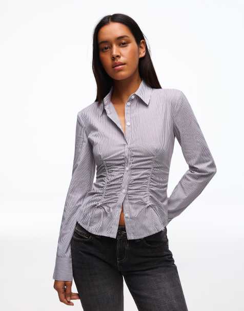 Bershka - Camicia arricciata in popeline marrone - view 1