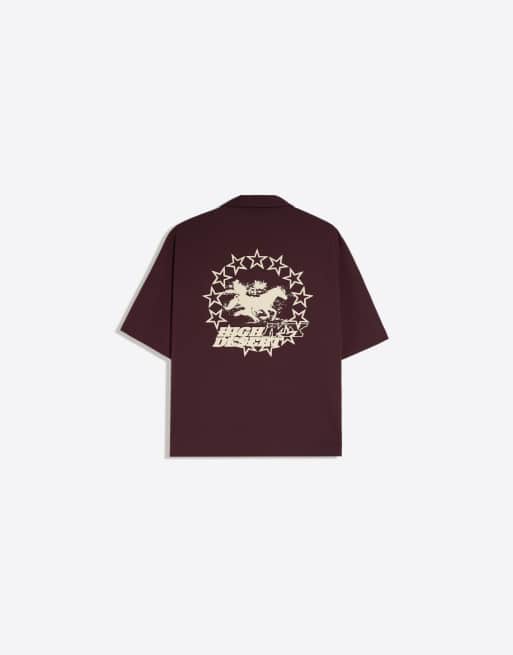 Bershka camicia boxy stampata a maniche corte bordeaux, 6 di 6