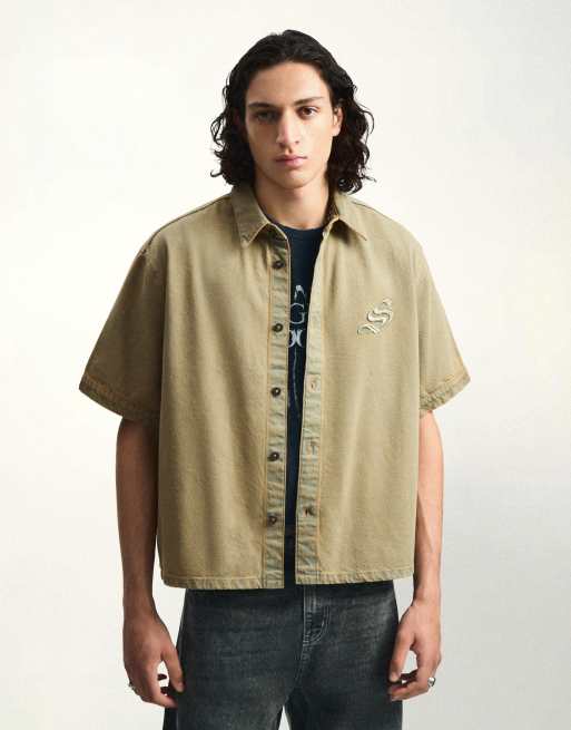 Bershka camicia boxy testurizzata a maniche corte color khaki
