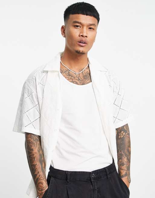 Bershka - Camicia con dettaglio in pizzo bianca