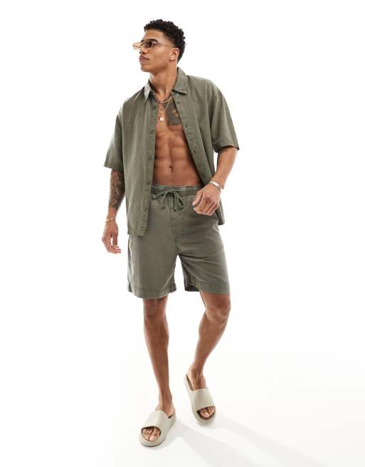 Bershka - Camicia effetto lino kaki in coordinato 