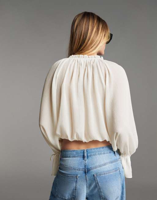 Bershka camicia fluida a maniche lunghe color ecru, 3 di 5