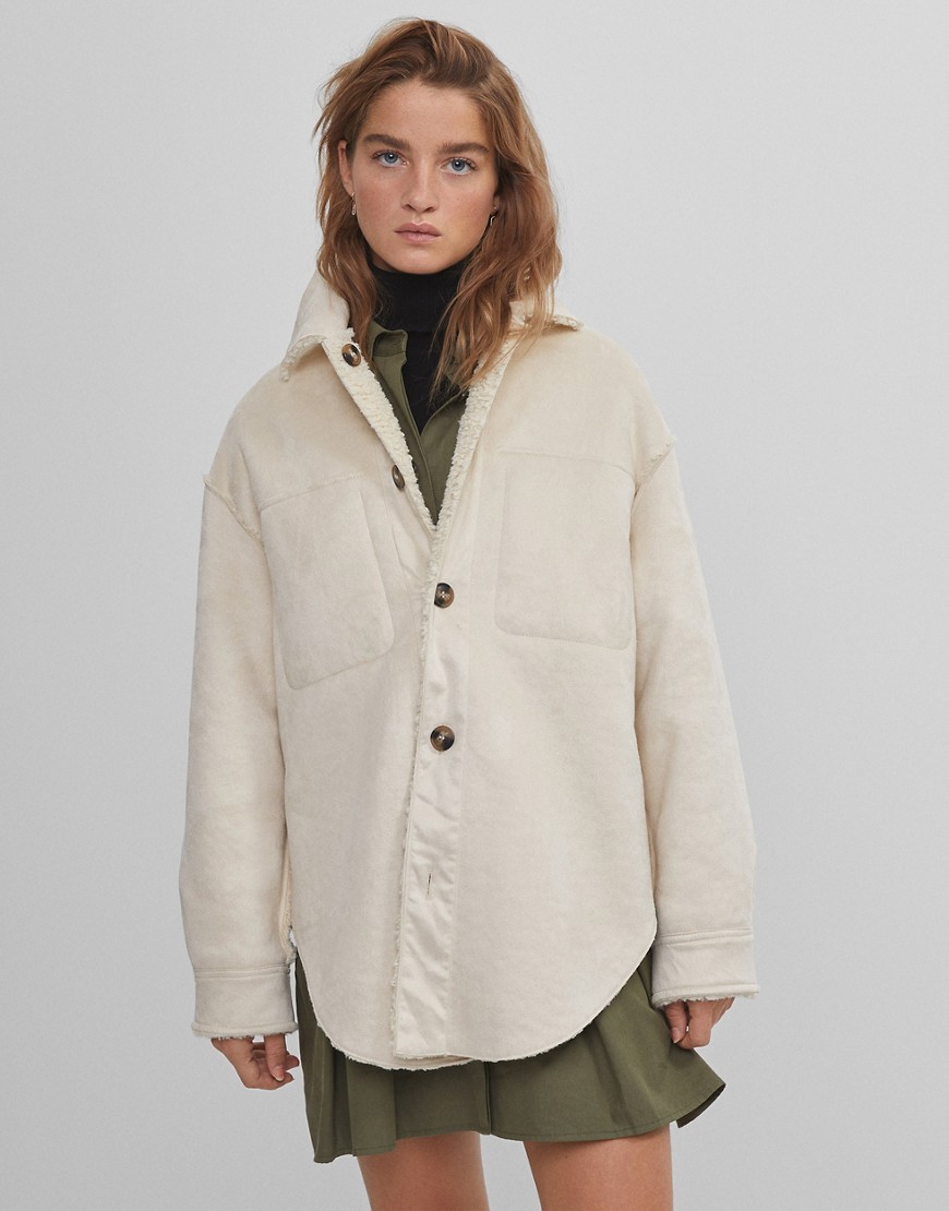 Bershka - Camicia giacca in pile borg double-face color écru-Bianco