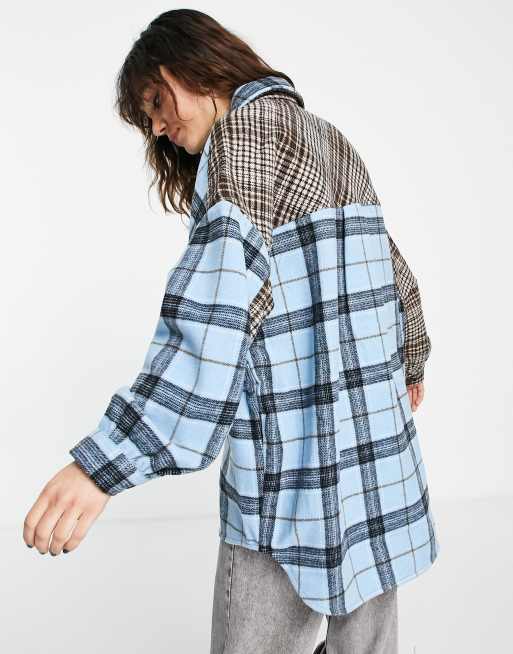 Bershka - Camicia giacca marrone e blu a quadri misti combinati, 2 di 4