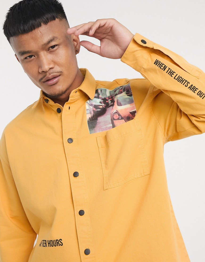 Bershka - Camicia gialla con stampa su petto e retro-Giallo