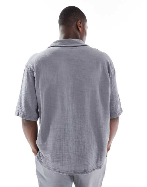 Bershka - Camicia grigia testurizzata con rever in coordinato, 3 di 4