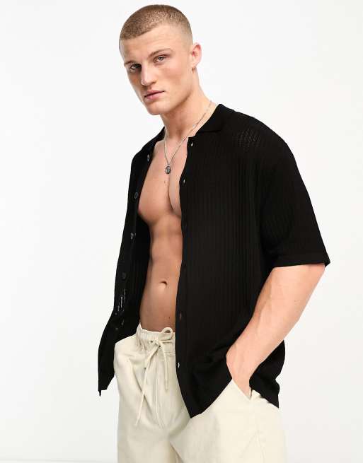 Bershka - Camicia in maglia nera a coste 