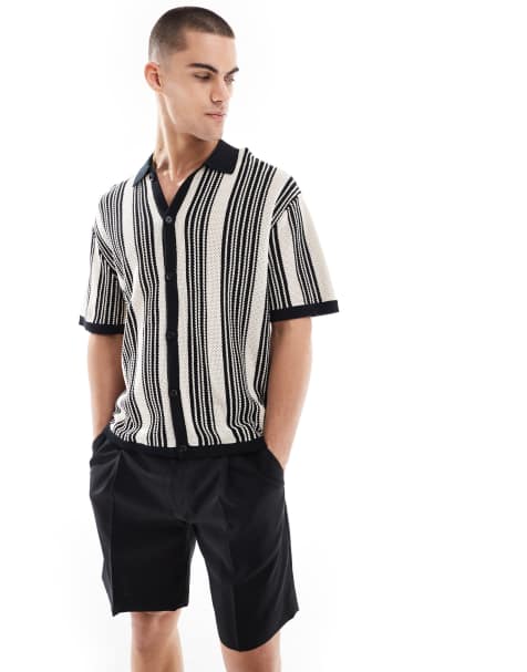 Bershka - Camicia in maglia nera a righe con bottoni - view 1