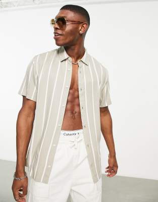 Bershka twill thin striped shirt in beige and white  - ASOS Price Checker