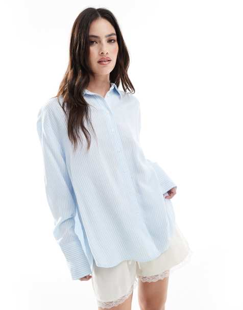 Bershka - Camicia oversize azzurra in lino - view 1