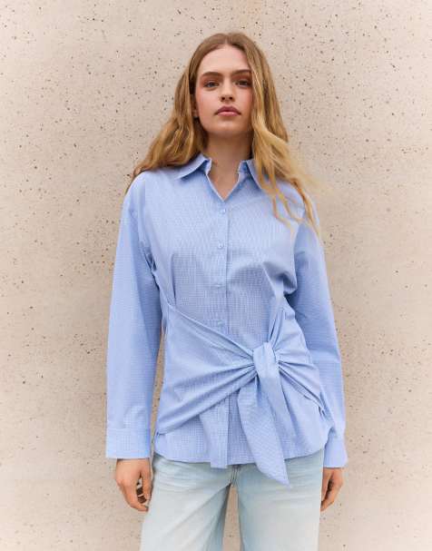 Bershka - Camicia oversize in popeline blu denim con stampa di fiocchi - view 1