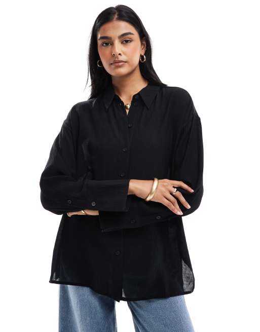 Bershka - Camicia oversize in tessuto stropicciato nero