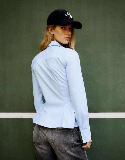 Bershka Camicia peplum a maniche lunghe in azzurro chiaro, 3 di 6