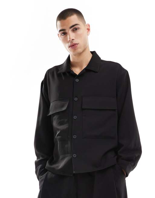 Bershka - Camicia premium a maniche lunghe nera in coordinato