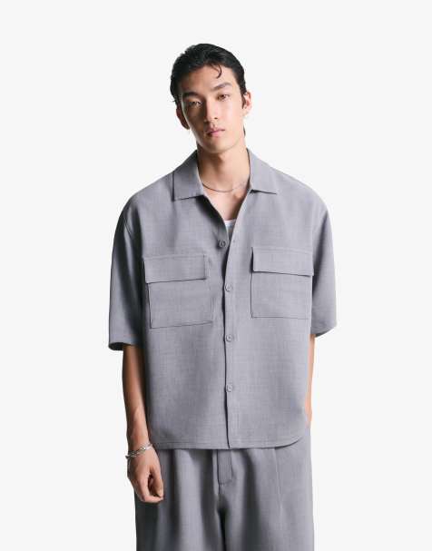 Bershka - Camicia sartoriale a maniche corte grigio chiaro - view 1