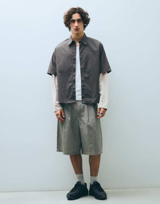 Bershka camicia stampata a doppia manica grigio scuro, 4 di 6