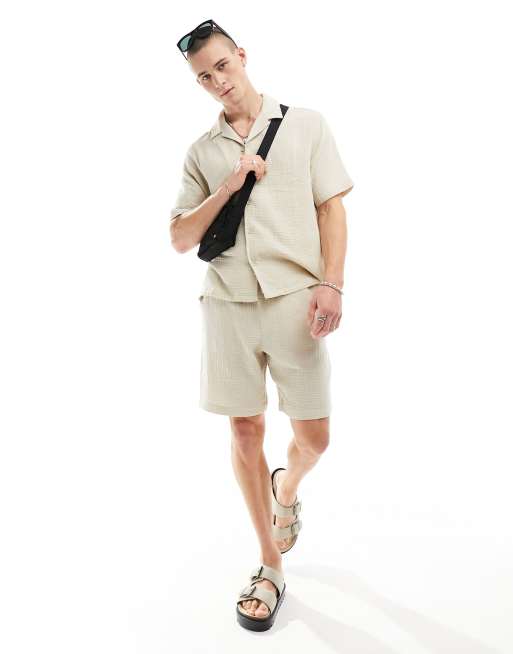 Bershka - Camicia testurizzata color sabbia in coordinato