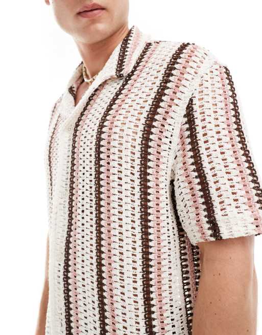 Bershka - Camicia testurizzata écru e rosa a righe 