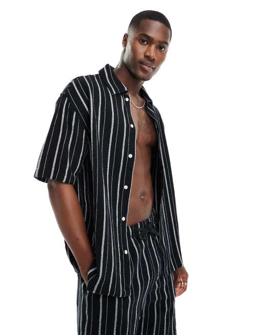 Bershka - Camicia testurizzata nera a righe in coordinato
