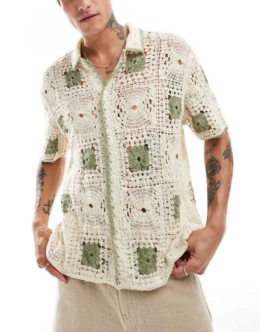 Bershka - Camicia verde salvia ed écru in maglia all'uncinetto