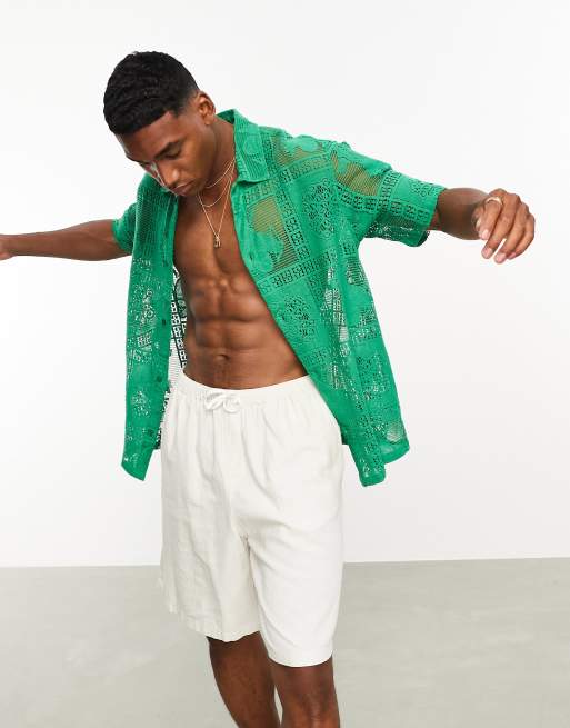 Bershka camp collar neck lace shirt in green 