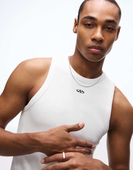 Bershka - Canotta bianca in maglia a nido d'ape con stampa, 3 di 4
