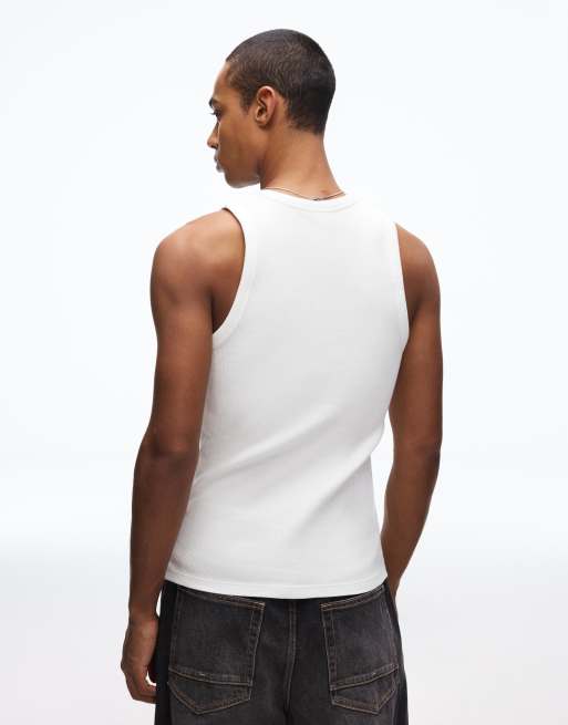 Bershka - Canotta bianca in maglia a nido d'ape con stampa, 4 di 4