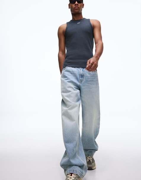 Bershka - Canotta in maglia a nido d'ape blu denim con stampa - view 1