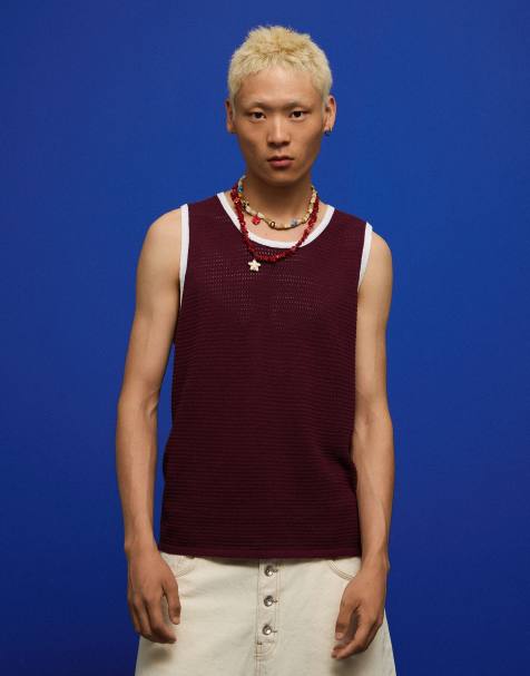 Bershka - Canotta in rete bordeaux a contrasto - view 1