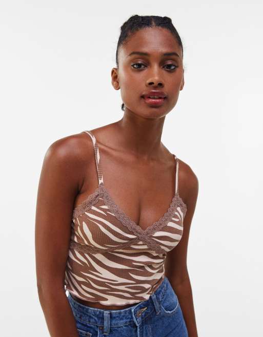 Bershka - Canottiera anni '90 con finiture in pizzo a contrasto, colore marrone zebrato