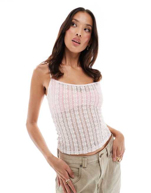 Bershka - Canottiera in pizzo trasparente rosa
