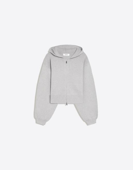 Bershka Canvas Kapuzen-Sweatshirt mit Puffärmeln in Hellgrau, 6 von 6