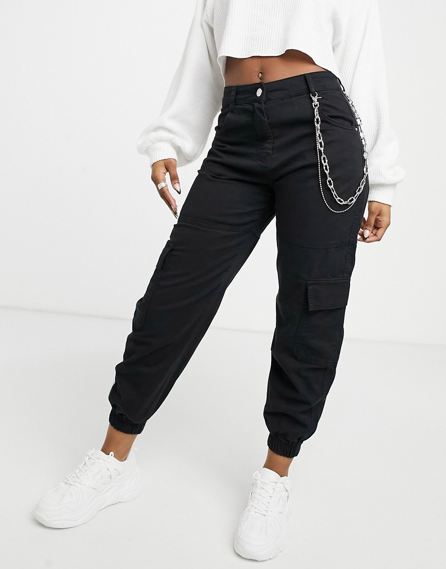 Bershka canvas utility cargo pants with chain in black