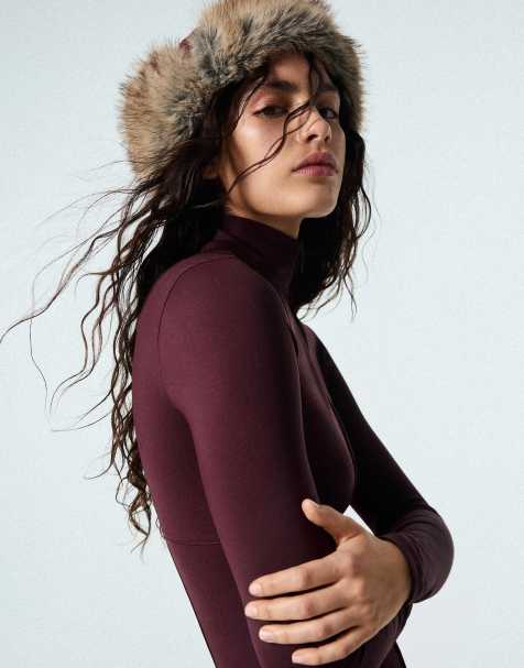Bershka cappello da aviatore in nylon con pelliccia sintetica bordeaux - view 1