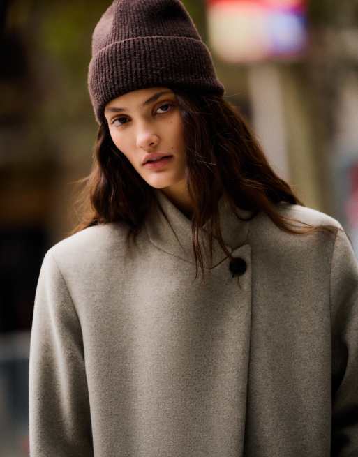 Bershka cappotto doppiopetto in misto lana beige, 4 di 5