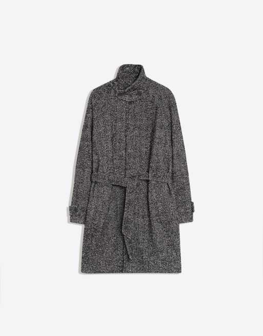 Bershka cappotto effetto feltro a spina di pesce con cintura beige, 5 di 6