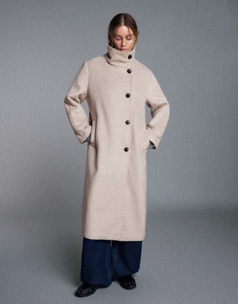Bershka cappotto lungo con collo a imbuto e cintura beige - view 1