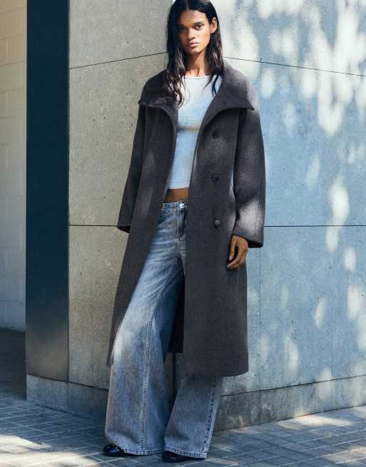 Bershka cappotto lungo con collo a imbuto e cintura grigio, 2 di 5