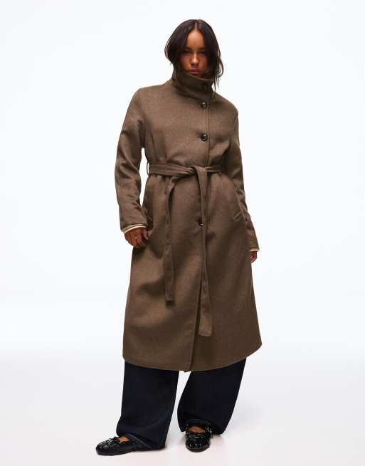 Bershka cappotto lungo con collo a imbuto e cintura in beige, 2 di 5