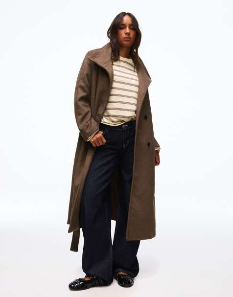 Bershka cappotto lungo con collo a imbuto e cintura marrone - view 1