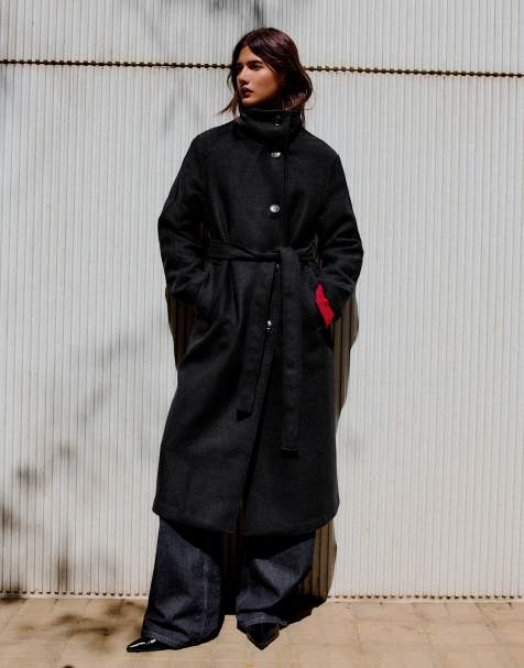 Bershka cappotto lungo con collo ad anello e cintura nero - view 1