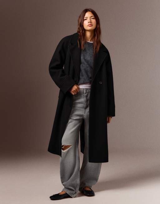 Bershka cappotto lungo morbido con cintura nero, 4 di 5