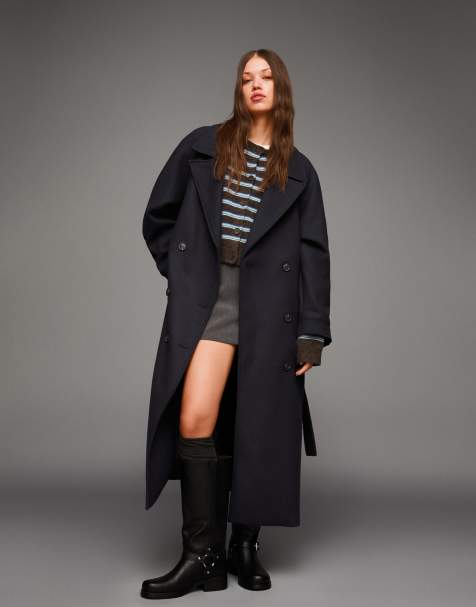 Bershka - Cappotto oversize in misto lana con cintura blu - view 1