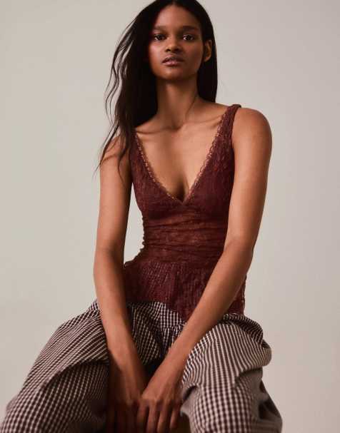Bershka caraco en dentelle marron - view 1