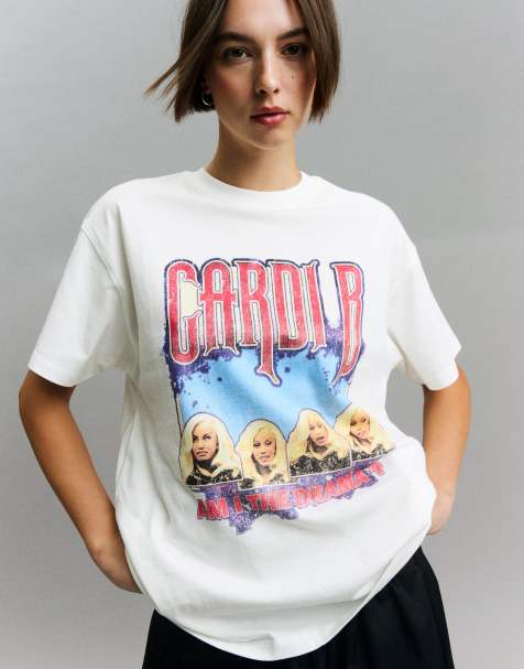 Bershka – Cardi b. – Kurzärmliges T-Shirt in Weiß mit Print - view 1